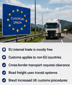 European trucks crossing borders and completing customs procedures in logistics operations