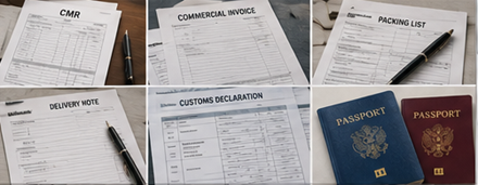 Transport documents including invoices CMR customs forms and freight paperwork for logistics operations
