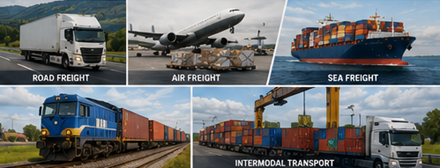 Transport methods including trucks cargo planes container ships and rail freight logistics