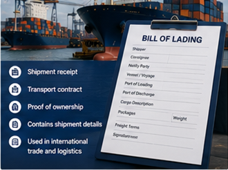 Bill of Lading shipping document with cargo containers and logistics operations
